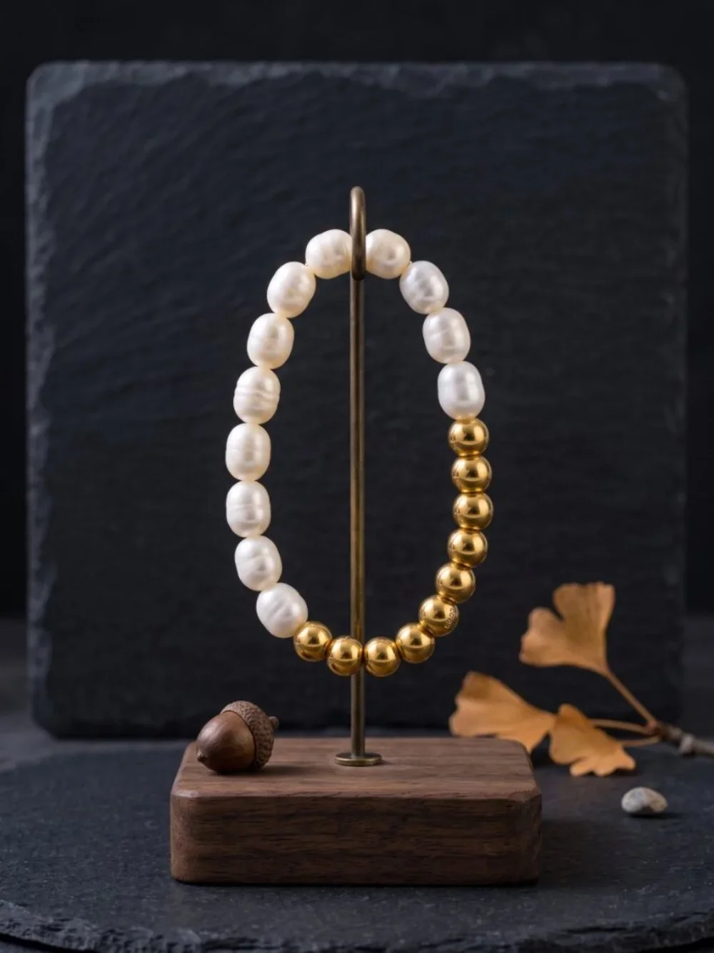 Freshwater Pearl Gold Bead Stretch Bracelet Stackable Old Money Boho Chic 6.3